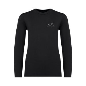 Zwarte kinderlongsleeve met handgetekend Aelora-logo op de linkerborst